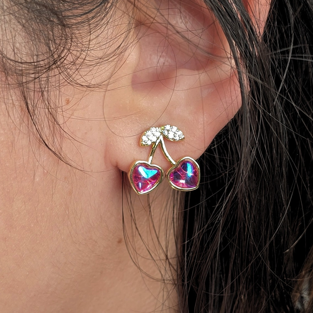 Aretes Cerezas rosas y destello azul